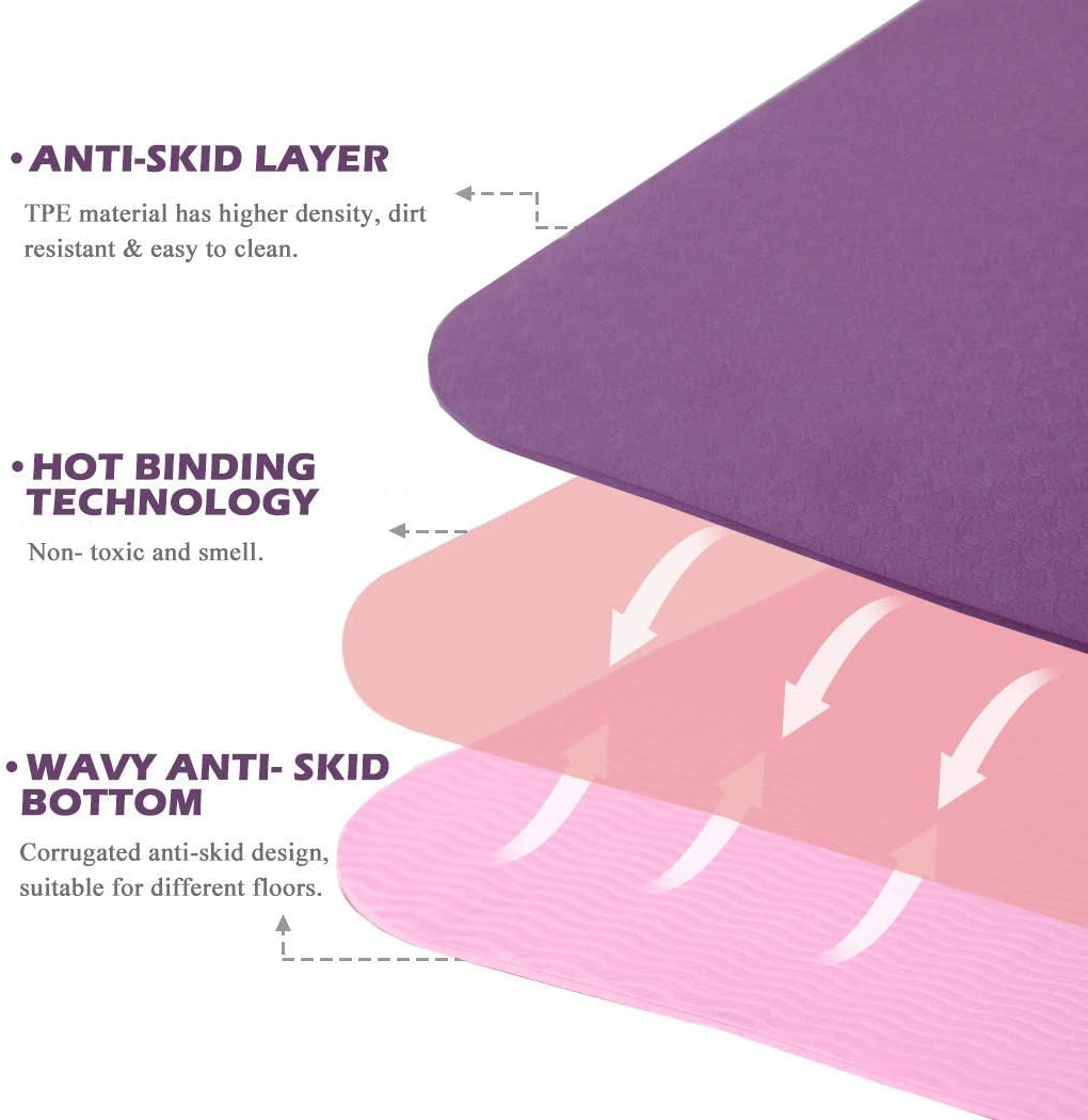 Eco-Friendly Non-Slip Yoga Mat - 1/4" Thick Pilates Fitness Mats for Women with Carrying Sling & Storage Bag